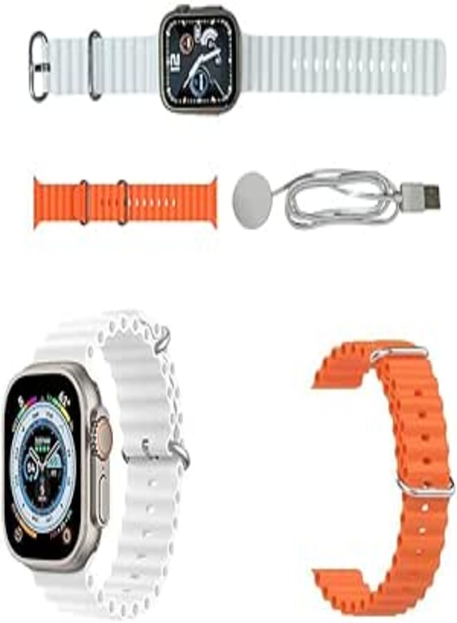 ADHOMAX New X9 Plus Ultra2 smart watch HD Display, Fitness Tracker, Calls, Music, SpO2, Weather, Calender, Wireless Charging, wearfitpro app in IOS, android for men, women (Orange, White Strap)